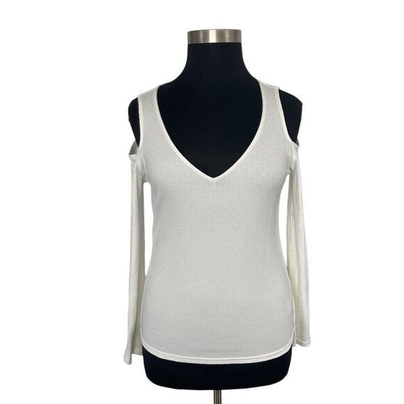 Gap XL Off White Long Sleeve Rib Knit Tee Cold Shoulder NWT Basic Layering - Picture 2 of 10